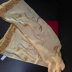 Salvatore Ferragamo long scarf hem bead embroidery flower 100% chiffon silk